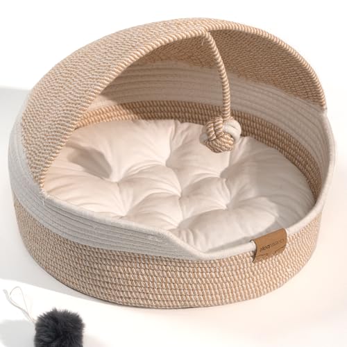 CHEERPALS Cat Basket Bed with Washable Cushion and Ball Rope Cotton, Covered Pet Bed for Indoor Cats Cave Bed Hooded, Stimulicat Cat Bed Handwoven Breathable, All Season Universal(White) - color: White