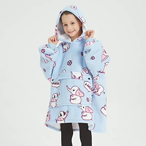 KFUBUO Wearable Blanket Hoodie for Kids Sherpa Patterns Oversized Sweatshirt Blanket With Pocket 6-10 Year Old Girl Boy Birthday Gifts Elephant - color: Printing-elephant, size: Kids 6-10YR