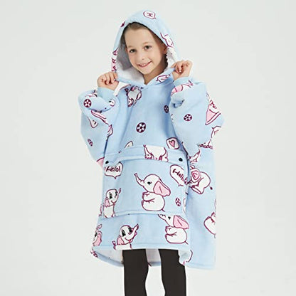KFUBUO Wearable Blanket Hoodie for Kids Sherpa Patterns Oversized Sweatshirt Blanket With Pocket 6-10 Year Old Girl Boy Birthday Gifts Elephant - color: Printing-elephant, size: Kids 6-10YR