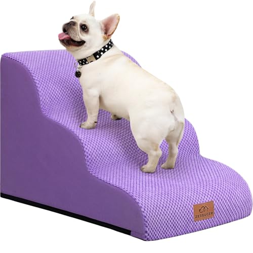 Zerbuger Dog Ramp and Stair for Bed 16" H-20 H,3-Step Cat Stair for Sofa and Chair,4-Step Dog Ramp for High Bed and Window,Durable Nonslip Fabric Stair for Indoor (Purple-16 H, Pet Friendly, 3) - color: Purple
