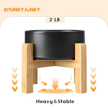 SPUNKYJUNKY Ceramic Elevated Dog Bowls 2 Pack - 6.1inch Raised Dog Bowls with Non-Slip Wooden Stand for Medium Dogs Dishwasher Safe(Black,28.7OZ*2) - color: Black, size: Medium - 3.6 CUPS*2