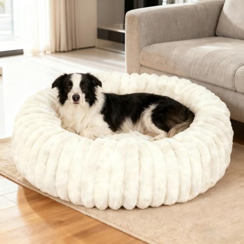 Washable Large Dog Bed,Calming Anti Anxiety Round Donut Dog Bed,Fluffy Puppy Beds for Small Dogs,Cute Kitten Cat Beds for Indoor Cats,Anti-Slip Comfort Pet Beds for Large Size(White,XL) - color: White, size: XL(30"L x 30"W x 8"Th)