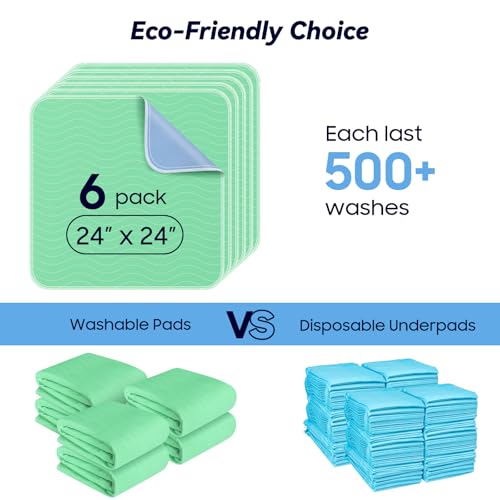 6 Pack 24” x 24” Extra Heavy Absorbency Washable Underpads, Waterproof Nursing Pads Incontinence Bed Pads, Reusable Washable Pee Pads for Dogs, Diaper Changing & Adults, Washable Puppy Pads - size: 6 Pack - 24" x 24"