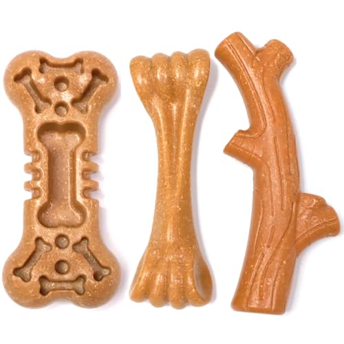 SCHITEC Dog Toys for Aggressive Chewers, 3 Pack Nylon & Wood Dog Chew Toy, Tough Chew Bone for Medium Large Dogs, Indestructible Teething Dog Toy, Chicken Flavor (Medium) - style: Medium