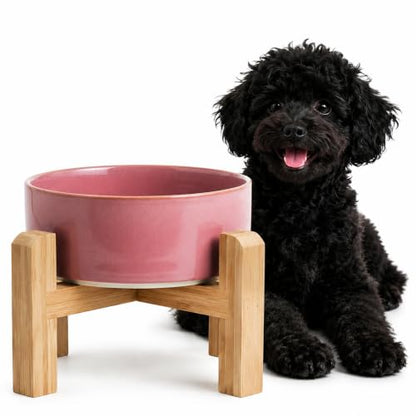 hjn Elevated Ceramic Dog Bowl with Bamboo Stand, Raised Pet Feeding Station for Small Medium Dogs Cats, Modern Design with Anti-Slip Base (Deep Pink, 3.6Cup) - color: Deep Pink, size: 3.6Cup