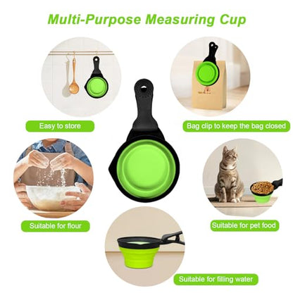 Collapsible Dog Food Scoop Foldable Pet Food Bag Clip 3 in 1 Multi-function Silicone Cat Food Measuring Cup Scoop Dog Food Scooper Pet Food Storage Clip (Green, 2 Cup Capacity(1 Pack)) - color: Green, size: 2 Cup Capacity(1 Pack)