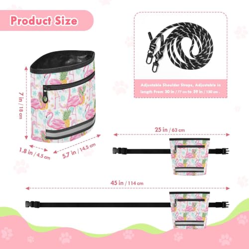 Flamingos Water-Resistant Dog Treat Pouch, 3 Ways to Wear Treat Bag with Magnetic Closure & Reflective Strip, Hands-Free for Pet Training, Walking