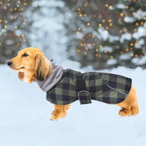 Dachshund Coats Waterproof Suitable for Dachshunds Sausage Weiner Dog Winter Coat Padded Fleece Puppy Snowsuit with Adjustable Bands Reflective Stripe - Plaid Green - L - color: Plaid Green, size: Large