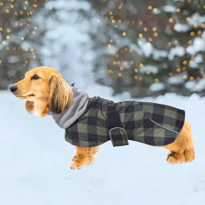 Dachshund Coats Waterproof Suitable for Dachshunds Sausage Weiner Dog Winter Coat Padded Fleece Puppy Snowsuit with Adjustable Bands Reflective Stripe - Plaid Green - L - color: Plaid Green, size: Large