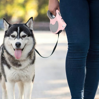 Retractable Dog Leash with Flashlight 16ft Walking Leash for Dogs up to 77lbs, 360° Tangle-Free Nylon Tape Anti-Slip Handle -Pink