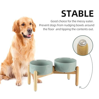 Havniva 7.3inch Ceramic Raised Dog Bowl with Stand, Double Dog Bowls Elevated for Medium Breed Dog Food and Water Bowl Set Non-Slip Dog Dish Large Capacity Feeding Pet Water Bowl - color: 2 Bowls+Stand - Light Green, size: 7.3inch
