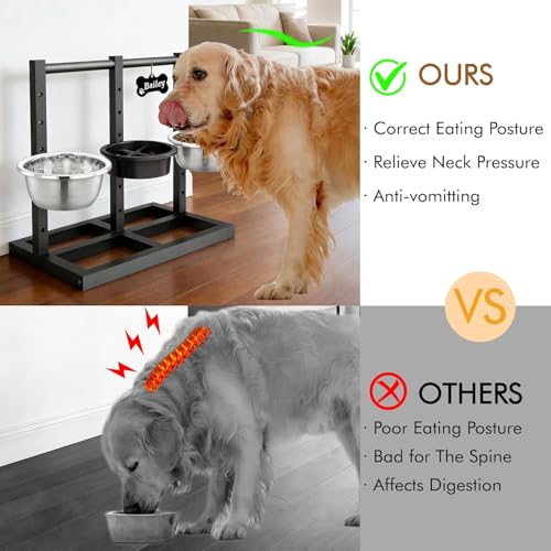 Elevated Dog Bowls Stand for Medium Large Dogs, 5 Adjustable Height Metal Raised Dog Bowl Stand 3 Food Water Bowls and Slow Feeder Bowl with Non-Slip Feet