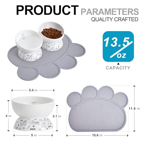Ceramic Raised Cat Bowl Set | Elevated Food and Water Bowls for Cats and Small Dogs | 2 Pack Tilted With Anti-Slip Silicone Mat (Gray) - color: gray