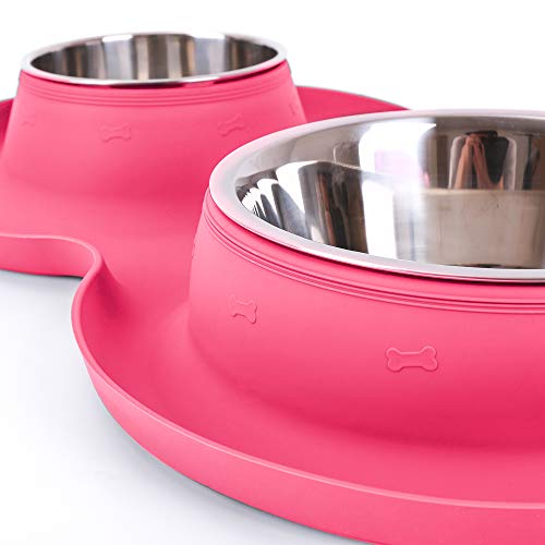 100% Waterproof BPA Free Pet Dog Bowls2 Stainless Steel（53oz+27oz） with 1.35“ Raised Edge Silicone Mat + Slow Feed Dog Water and Food Bowls for Feeding Large Dogs Cats Puppies (Pink) - color: Pink