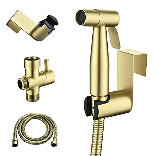 SHAMANDA Handheld Bidet Sprayer for Toilet, Stainless Steel Baby Cloth Diaper Sprayer Kit, Bathroom Toilet Bidet Attachment Set for Bathing Pets Feminine Hygiene, Brushed Gold BDS01-3 - color: Brushed Gold, style: Cold Water Mode Only