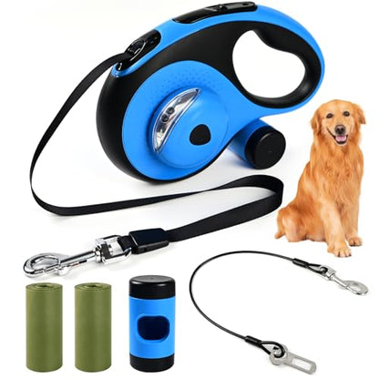 Heavy Duty Retractable Dog Leash for Large Dogs, 26ft Dog Leash with Poop Bag Holder, Up to 110lbs, chew Proof Cable, LED Light, 360° No-Tangle, One-Handed Pause & Locked (Blue, L 26ft) - color: Blue