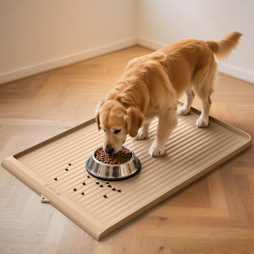 Dog Food Mat 36"x24", Waterproof Pet Feeding Mat with Diversion Grooves and Raised Edges, Large Non-Slip Dog Bowl Mat for Food and Water, Cat Food Mat for Floors, Easy to Clean, Khaki - color: Khaki