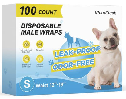 Wowflash 100 Count Male Dog Diapers Disposable, Leakproof Dog Wraps with Wetness Indicator, Breathable Quick-Dry, Secure Fit Doggy Belly Bands for Incontinence, Marking & House Training, Small - size: Small