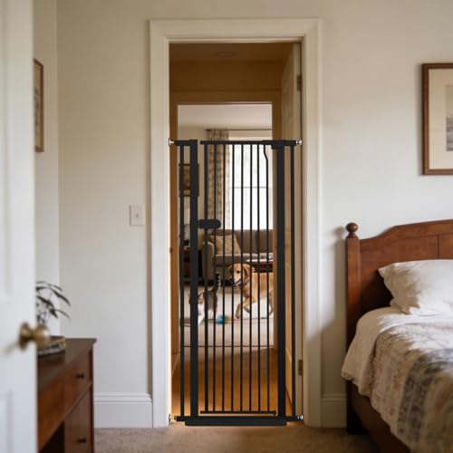 Lumizone Extra Tall Cat Gate 55.12" High 26.18"-29.91" Wide Pet Gate Black | Dog Gate for Doorway Hallway Stairs Pressure Mounted Extra Wide 1.37" Gap No Drilling Auto-Close One-Handed Operation - color: 55.12" H-black, size: 26.18"-29.91" W