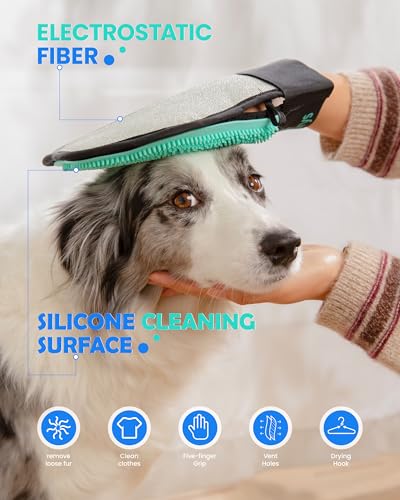Pet Hair Removal Glove for Dogs & Cats(2-Pack), 2-in-1 Double-Sided Pet Grooming Glove, Electrostatic Pet Hair Remover Glove for Clothes & Furniture + Silicone Brush for Deshedding Pets - color: 2PCS