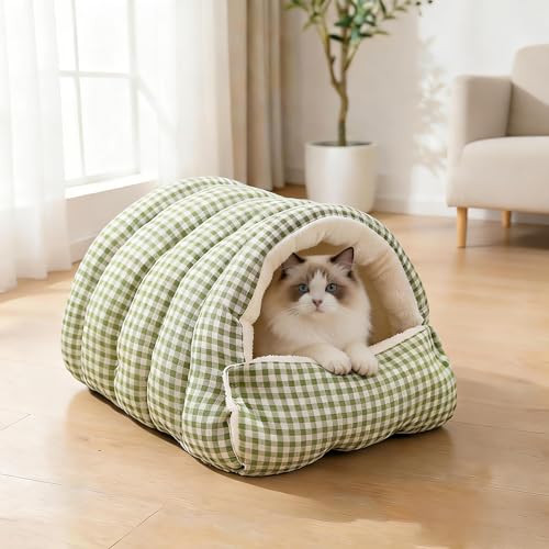 Small Cat Dog Cave Bed Calming Pet Nest Warm Plush Covered Cat House with Hooded Blanket Removable Hooded Blanket Cushion Washable Soft Calming Indoor Cat Bed(Green, Small) - color: Green, size: Small