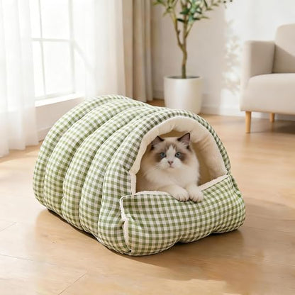 Small Cat Dog Cave Bed Calming Pet Nest Warm Plush Covered Cat House with Hooded Blanket Removable Hooded Blanket Cushion Washable Soft Calming Indoor Cat Bed(Green, Small) - color: Green, size: Small
