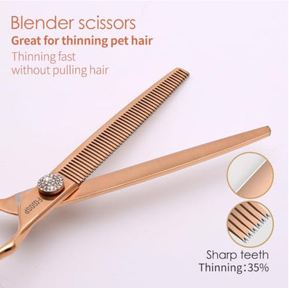 Rose Gold Titanium Dog Grooming Scissors Set 4PCS Curved Thinning Straight Chunkers Shears Kit with White Artificial Diamonds Ergonomic Offset Handle Japan 440C Sharp and Durable - size: 8 inch, style: Dog Scissors Kit