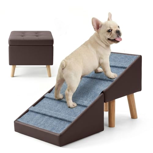 Dog Ramp & Stair for Couch Sofa, 18.5" Extra Wide 15.7" H Foldable Ottoman & Hidden Storage 3-in-1 Design, Safer Non-Slip Leather Pet Steps for Puppy Senior Injured Dogs (Brown) - color: Brown