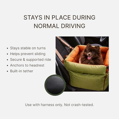 Dog Booster Car Seat for Small Dogs, Stable Non-Slip Design Up to 35 lbs, Water-Resistant PU Travel Carrier with Headrest Straps, Built-in Tether & Storage — Orange/Green