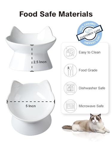 ABRUTY Cat Food Bowl, 5 OZ Ceramic Elevated Kitten Water Bowl, 15° Tilted Raised Pet Feeder, Anti Vomiting and Whisker Friendly Dishes for Fat Faced, Cat, Kitten, Small Dog - color: White Cat, size: 1 Pack