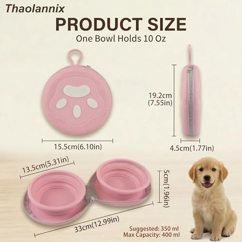 2-in-1 Collapsible Dog Bowl with Built-in Silicone Hook, Portable Travel Pet Water & Food Dish, BPA-Free Double Foldable Bowls for Camping, Hiking and Car Trips, Non-Slip (Pink) - color: pink