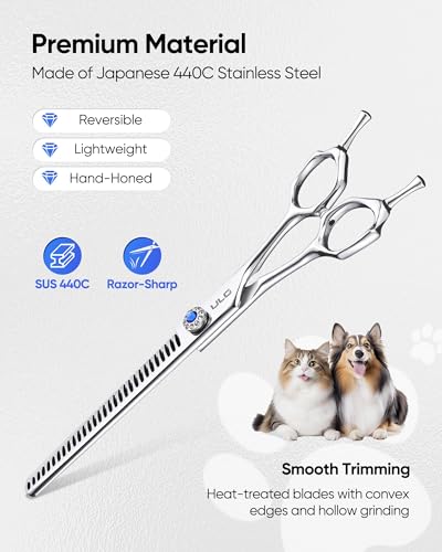 ULG Curved Dog Shears for Grooming, 7 Inch Professional Straight Chunker Dog Grooming Scissors for Trimming and Cutting, Japanese Stainless Steel Pet Hair Scissors, 65%-75% Thinning Rate - size: 7.0 Inch (Chunker)