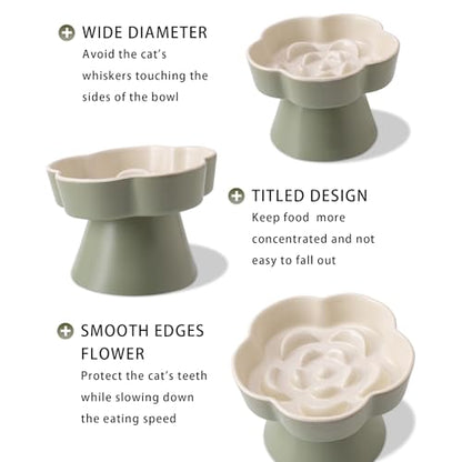Tilted Cat Bowl, Flower-Shaped Ceramic Slow Feeder Cat Bowl, Raised Pet Bowl for Whisker Relief, Prevents Vomiting & Bloating, Non-Slip Base, Easy to Clean for Dry/Wet Food (Yellow & Beige) - color: Yellow & Beige