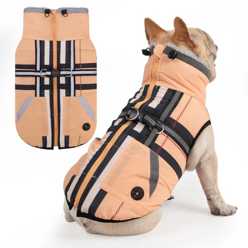 Mihachi Dog Snow Jacket Waterproof Dog Coat with Harness Built in,Thick Fleece Lined & Pockets,Turtleneck Warm Winter Jacket for Middle Dogs Reflective Fleece Vest with Zipper,Snowsuit Outfit,Beige M - color: Beige, size: Medium
