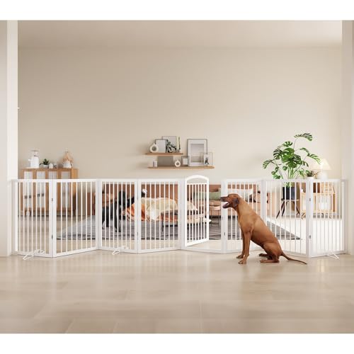 JSB 192-inch Extra Wide 30-inch Tall Dog gate with Door Walk Through,Full Matel Freestanding Round Tube Pet Gate for Halls Stairs, Puppy Safety Dog Fence with 4PCS Support Feet (White) - color: Round Tube White, size: 192 x 30 inches