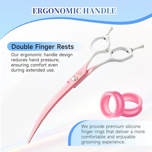 7'' Curved Dog Grooming Scissors Pink to White Gradient | 440C Stainless Steel, Sharp Durable, Professional or Home Use,Ergonomic Handle with 2 Silicone Finger Rings - color: Pink