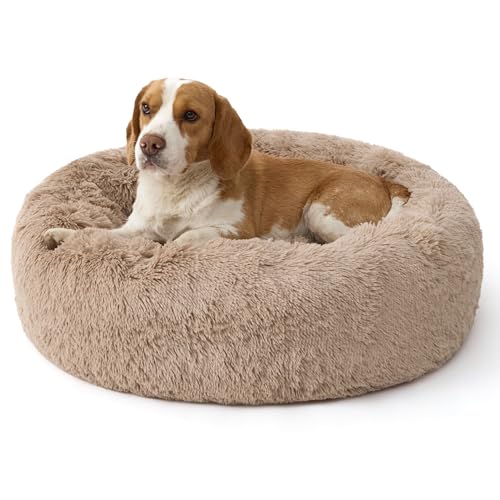 Bedsure SupportMax™ Calming Dog Bed Medium Size Dog - 30in Donut Round Washable Medium Pet Bed,Anti-Slip＆Removable Cover,420GSM Anti-Anxiety Fluffy Plush Faux Fur,Fits up to 45 lbs Pets - color: Camel, size: M(30x30x7)