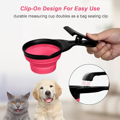 Collapsible Dog Food Scoop Foldable Pet Food Bag Clip 3 in 1 Multi-function Silicone Cat Food Measuring Cup Scoop Dog Food Scooper Pet Food Storage Clip (Rose Red, 2 Cup Capacity(1 Pack)) - color: Rose Red, size: 2 Cup Capacity(1 Pack)