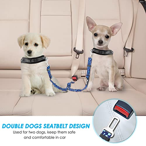 SlowTon Dog Seat Belt, Double Dog Seatbelt Adjustable Vehicle Safety Leash with Elastic Bungee Buffer, Reflective No Tangle Y Shape Two Dog Harness Seat Belt Splitter for Pets Car Trip (Blue Paws, S) - color: I.Blue Paws, size: 2 Small in 1