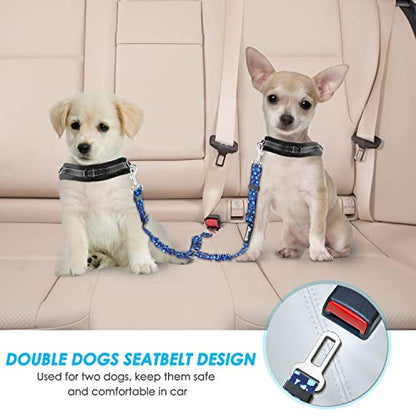 SlowTon Dog Seat Belt, Double Dog Seatbelt Adjustable Vehicle Safety Leash with Elastic Bungee Buffer, Reflective No Tangle Y Shape Two Dog Harness Seat Belt Splitter for Pets Car Trip (Blue Paws, S) - color: I.Blue Paws, size: 2 Small in 1