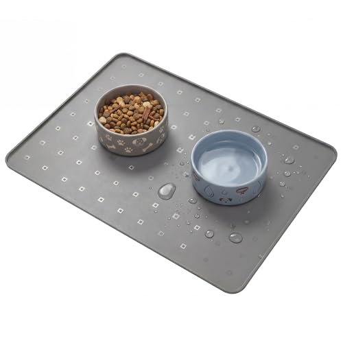 Silicone Pet Feeding Mat, 26x18 Inch Waterproof Dog Bowl Mat – Non-Slip, Machine Washable, Thin 0.23 Inch Edge for Messy Eaters, Protects Hardwood & Tile Floors, Dark Grey - color: grey, size: 26"L x 26"W