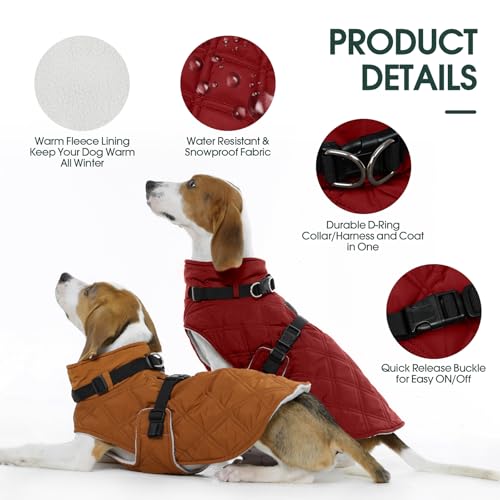 Kuoser Dog Coat Warm Fleece Lining Turtleneck Dog Jacket with Harness Built-in, Adjustable Windproof Cold Weather Coats with Quick Release Buckle Pet Winter Snowsuit for Small Medium Dogs, Red M - color: Red, size: Medium (Chest Girth: 20.8")