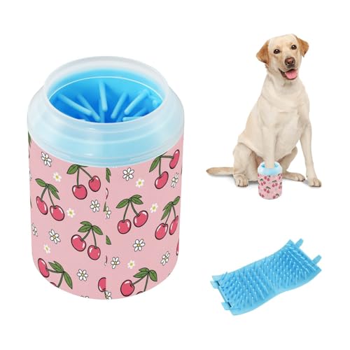 Cherries Flowers Pink Pattern Dog Paw Cleaner Cup with Soft Silicone Brush, Small Portable Lightweight Muddy Paw Washer for Dogs, Easy to Use Pet Foot Cleaner
