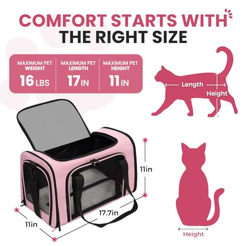 Soft-Sided Cat Carrier Expandable Pet Carrier Airline Approved Mesh Travel Carrier Up to 15lbs for Cats Small Dogs Collapsible Escape-Proof with Shoulder Strap Washable (18x11x11 Pink) - color: Pink, size: 11.0"L x 11.0"W x 18.0"H