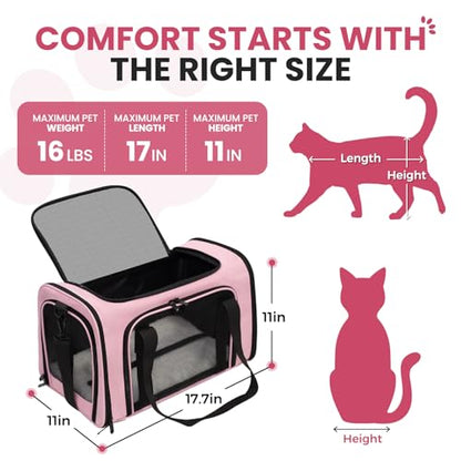 Soft-Sided Cat Carrier Expandable Pet Carrier Airline Approved Mesh Travel Carrier Up to 15lbs for Cats Small Dogs Collapsible Escape-Proof with Shoulder Strap Washable (18x11x11 Pink) - color: Pink, size: 11.0"L x 11.0"W x 18.0"H