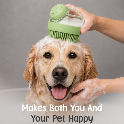Dog Bath Brush with Shampoo Dispenser | Silicone Pet Grooming Scrubber for Dogs Cats and Puppies | Rubber Curry Tool for Bathing Deshedding and Massage | Easy Grip One Handed Design - color: Green