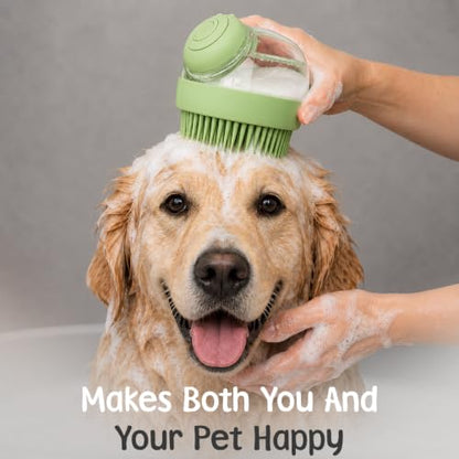 Dog Bath Brush with Shampoo Dispenser | Silicone Pet Grooming Scrubber for Dogs Cats and Puppies | Rubber Curry Tool for Bathing Deshedding and Massage | Easy Grip One Handed Design - color: Green