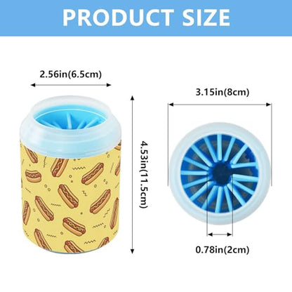 Hot Dog Yellow Print Dog Paw Cleaner Cup with Soft Silicone Brush, Small Portable Lightweight Muddy Paw Washer for Dogs, Easy to Use Pet Foot Cleaner