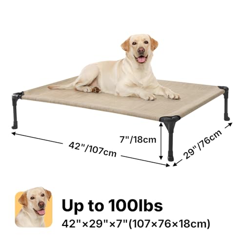 Veehoo Outdoor Elevated Dog Bed Large Sized Dogs, Cooling Raised Dog Cot Off Ground Hammock Pet Beds with Breathable Mesh, No-Slip Feet, 42"x30", Beige Coffee - color: Beige Coffee, size: 42.0"L x 30.0"W x 7.0"Th