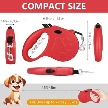Retractable Dog Leash, 16ft Dog Walking Leash for Small Dogs up to 77lbs, Non-Slip Handle - Red